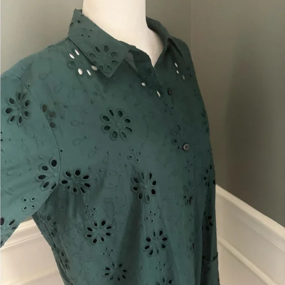 Loft Dress Womens size 10 Green Mini Eyelet Button Cottage Boho Summer Cotton - Picture 6 of 9